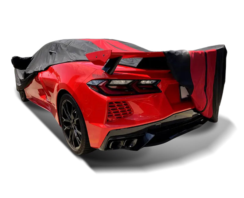 Corvette car cover guide image showing custom-fit indoor and outdoor covers for C5, C6, C7, and C8 models.