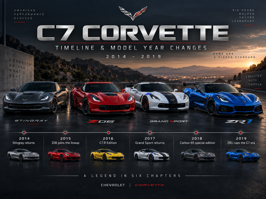 C7 Corvette Timeline and Model Year Changes graphic showing key 2014 to 2019 Corvette milestones including Stingray, Z06, Grand Sport and ZR1 developments.