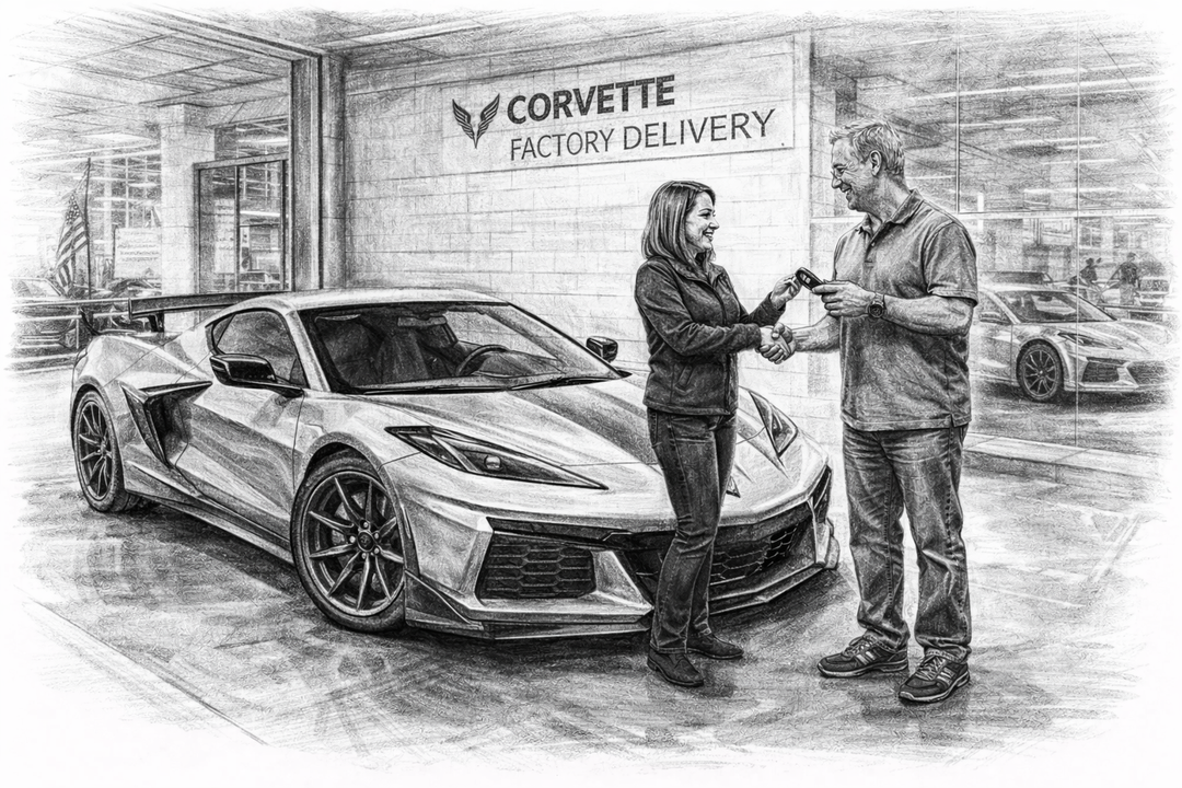 C8 Corvette factory delivery scene with customer receiving keys for Corvette delivery and ownership experience guide