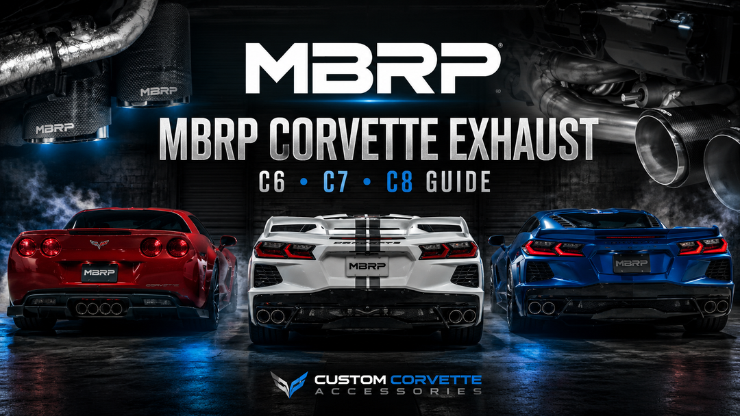 MBRP Corvette exhaust guide hero image showing C6, C7, and C8 Corvettes with performance exhaust styling.
