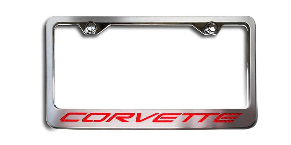 032050-RD C5 Corvette polished stainless license plate frame with brushed trim and red carbon-fiber CORVETTE inlay