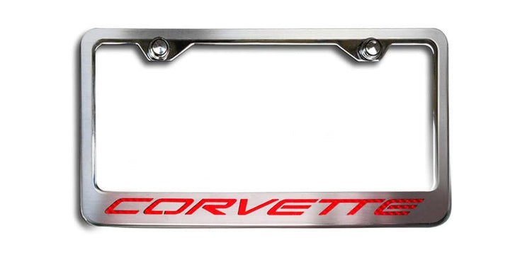 032050-RD C5 Corvette polished stainless license plate frame with brushed trim and red carbon-fiber CORVETTE inlay