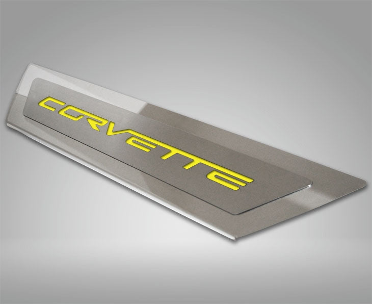 041051-SYLW C6 Corvette outer door sill with polished stainless steel, brushed trim and solid yellow CORVETTE inlay