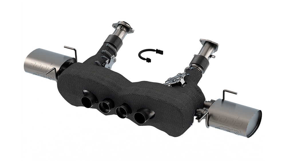 Borla 140957 C8 Corvette Z06 cat-back with the heat shielding fitted over the center section and the passenger side NPP wire harness extension alongside
