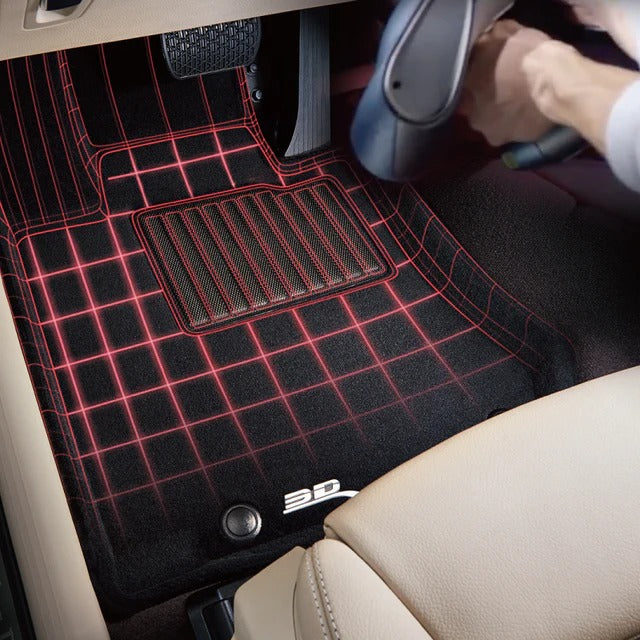 3D MAXpider Elegant C8 Corvette carpet floor liner shown with laser-measured custom fit grid