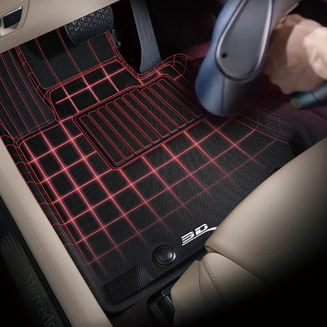 3D MAXpider KAGU C8 Corvette floor liner shown with laser-measured custom fit grid