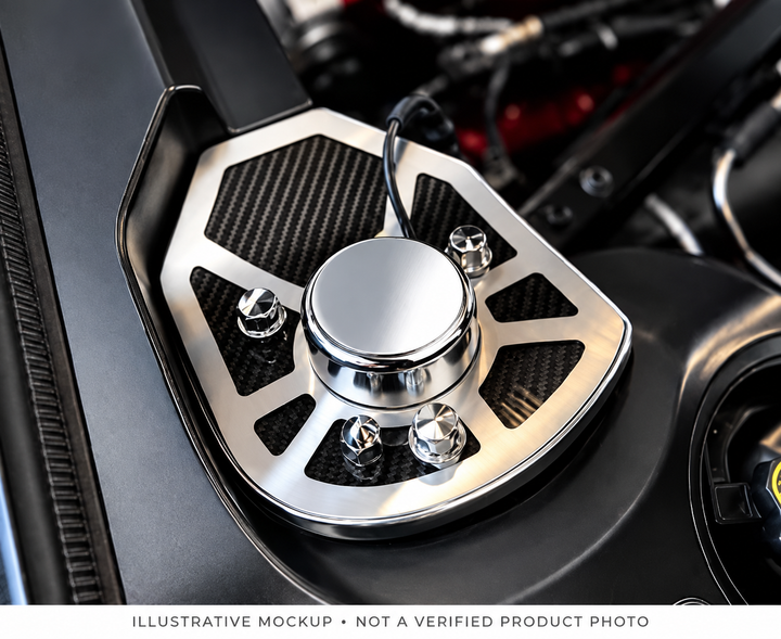 Carbon-fiber shock-tower cover with a plain cap — illustrative mockup, not a verified product photo