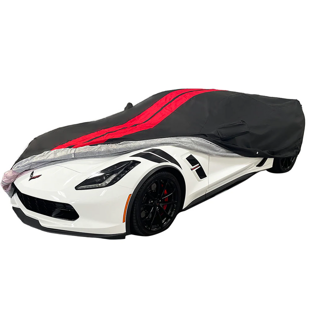 Car cover with red stripes over a white sports car on a white background