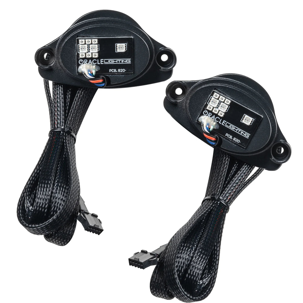 ORACLE ColorSHIFT RGB+A LED DRL kit installed on C8 Corvette headlight, highlighting plug-and-play design