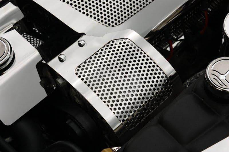 ACC 043054 perforated stainless alternator cover installed on a C6 Corvette