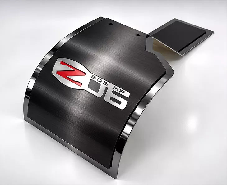 Angled view of ACC 043141 black Z06 alternator cover and mounting extension