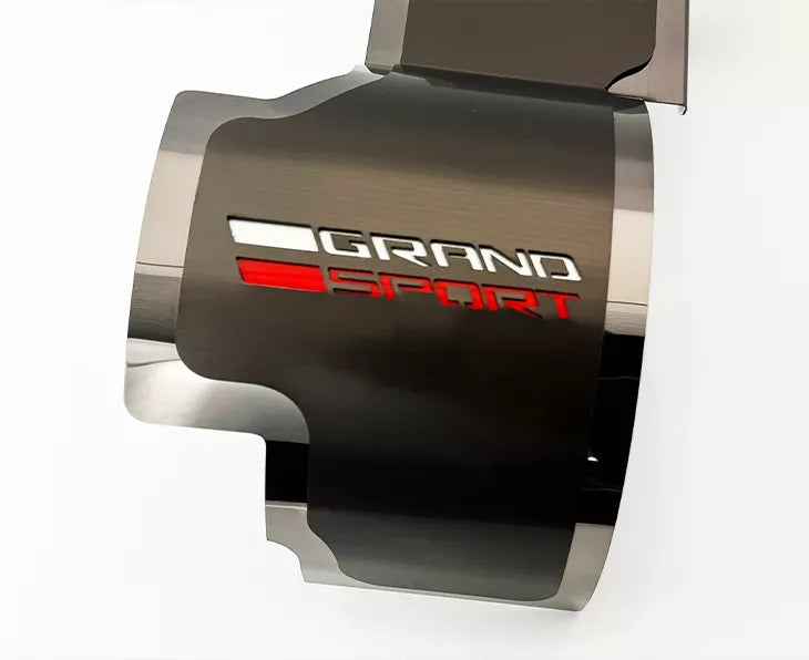 ACC 053164 black stainless alternator cover, Grand Sport emblem detail