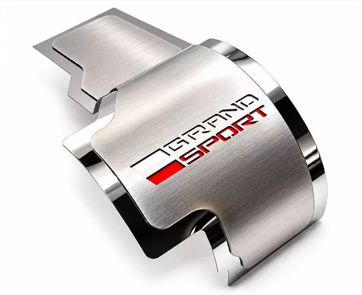 ACC 053171 brushed stainless alternator cover, Grand Sport emblem and layered finish detail