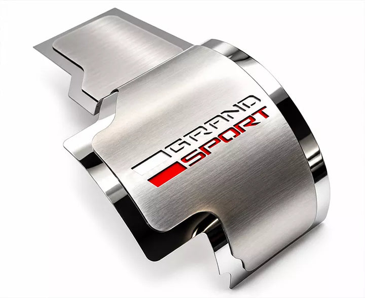 ACC 053171 brushed stainless alternator cover, Grand Sport emblem and layered finish detail