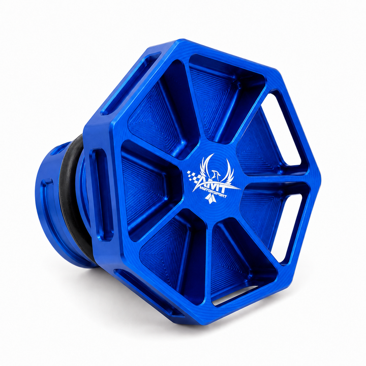 Blue AMT Overkill C8 Corvette replacement oil cap with engraved AMT Motorsport logo