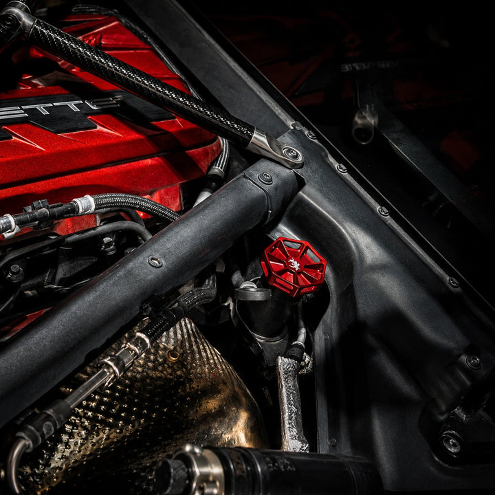 Red AMT Overkill oil cap installed in a C8 Corvette LT2 engine bay