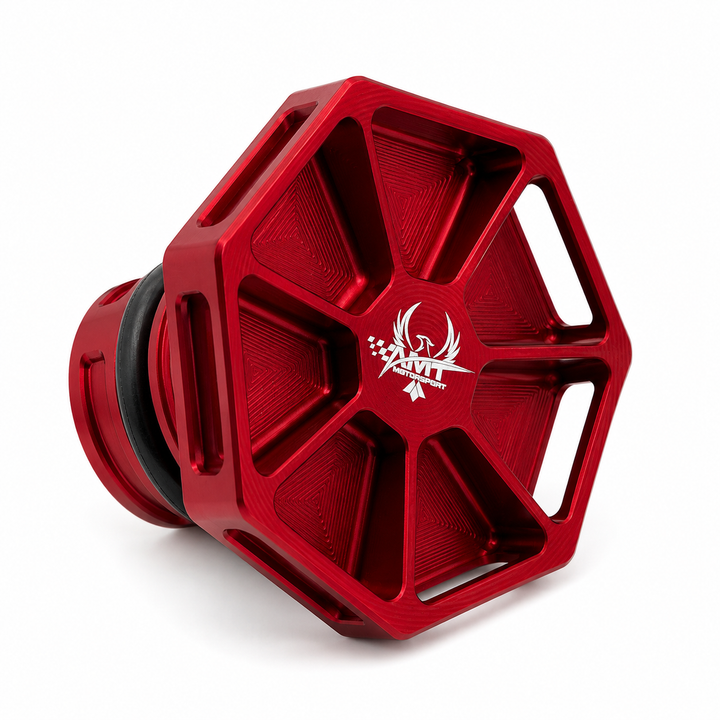 Red AMT Overkill C8 Corvette replacement oil cap with locking stem and O-ring visible