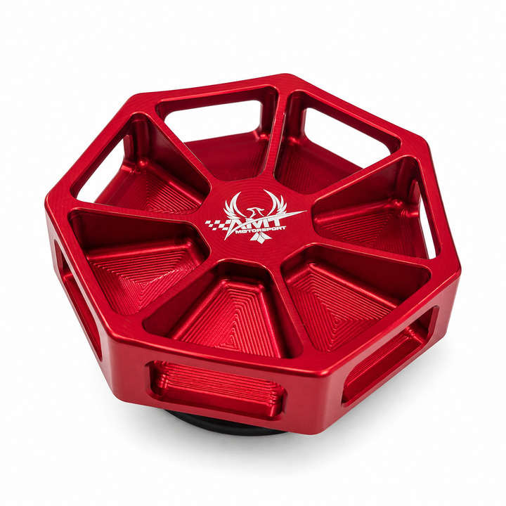 Top view of the red AMT Overkill C8 Corvette oil cap with visible machining marks and AMT logo