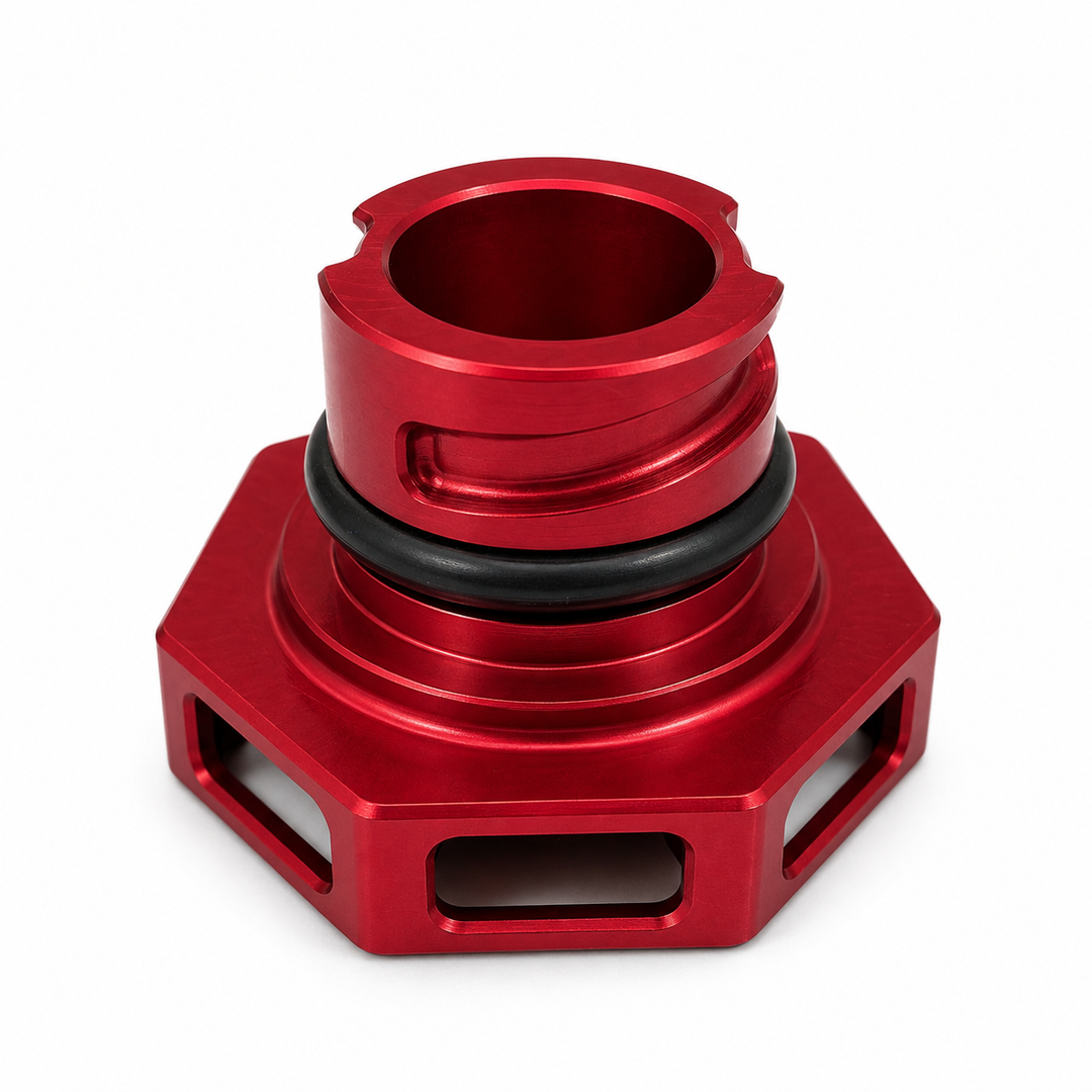 Underside of the AMT Overkill C8 Corvette oil cap showing machined locking channels and black O-ring