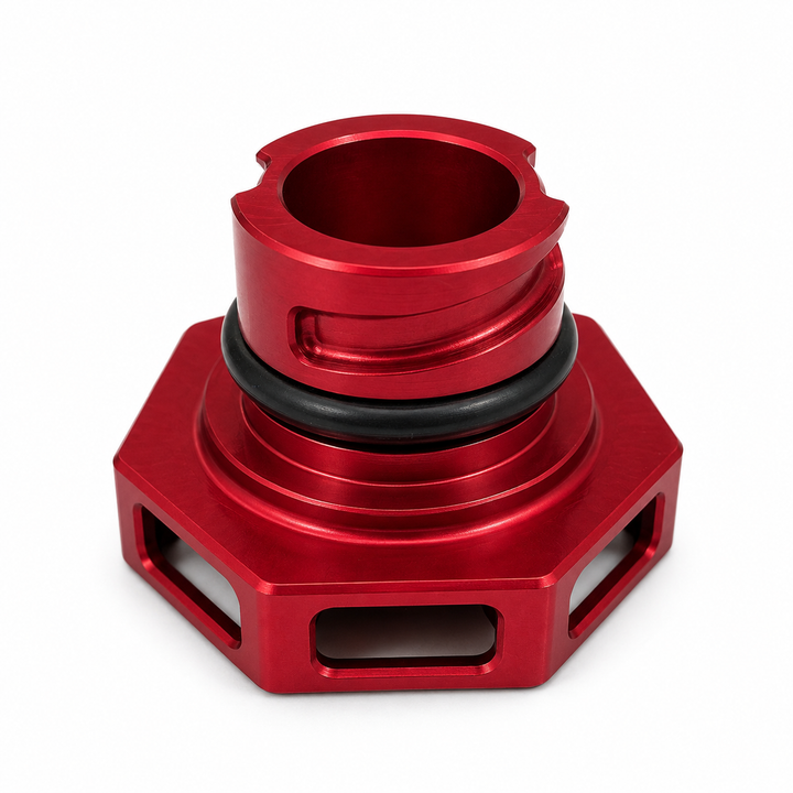 Underside of the AMT Overkill C8 Corvette oil cap showing machined locking channels and black O-ring