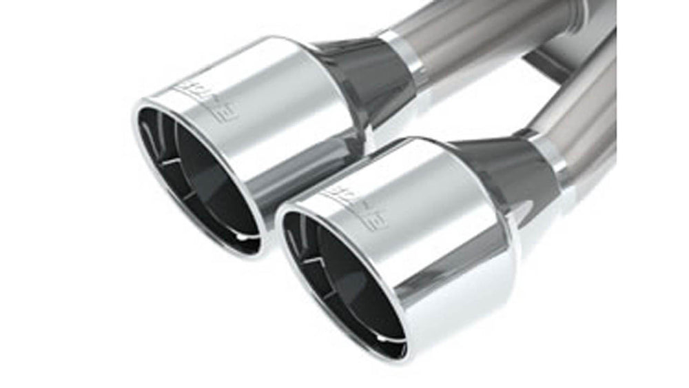 Close-up of 4.25-inch polished intercooled Borla tips on the 11862 S-Type axle-back for C7 Stingray