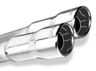 Close-up of 4.25-inch polished intercooled stainless tips on Borla ATAK 11863 axle-back exhaust