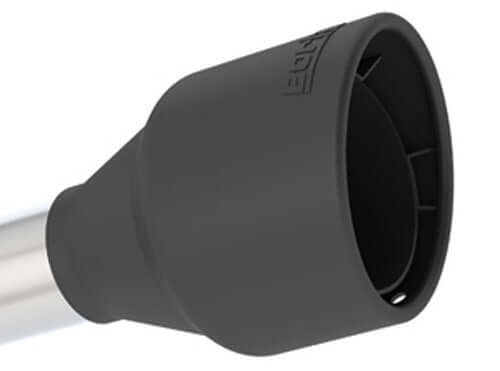 Close-up of 4.25-inch intercooled T-304 stainless tips with high-temp ceramic black finish on Borla 11903CB