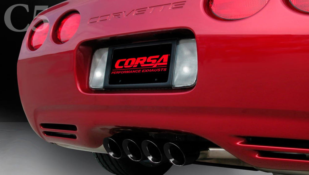 C5 Corvette CORSA black Tigershark exhaust tips rear view installed