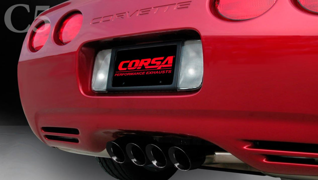 C5 Corvette CORSA black Tigershark exhaust tips rear view installed