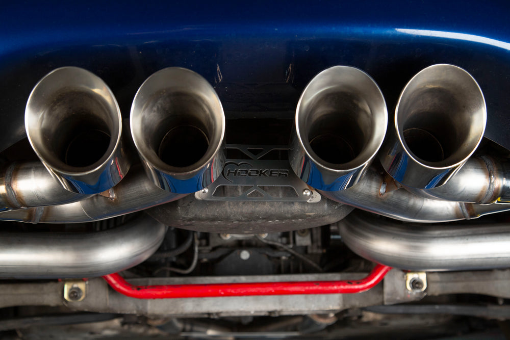 Hooker BlackHeart 4-inch polished stainless tips on 70401343-RHKR C5 Corvette axle back