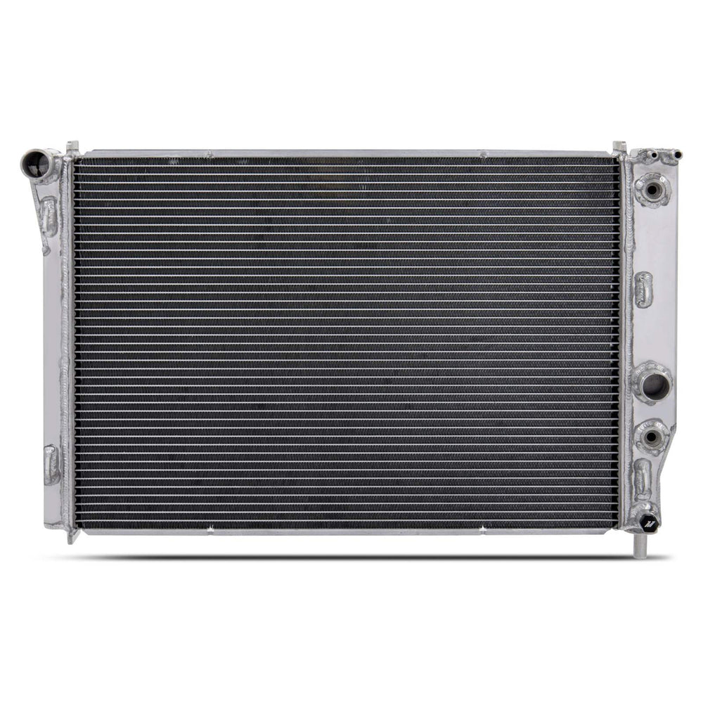 Rear view of Mishimoto MMRAD-C5-97 C5 Corvette radiator showing hose and cooler connections