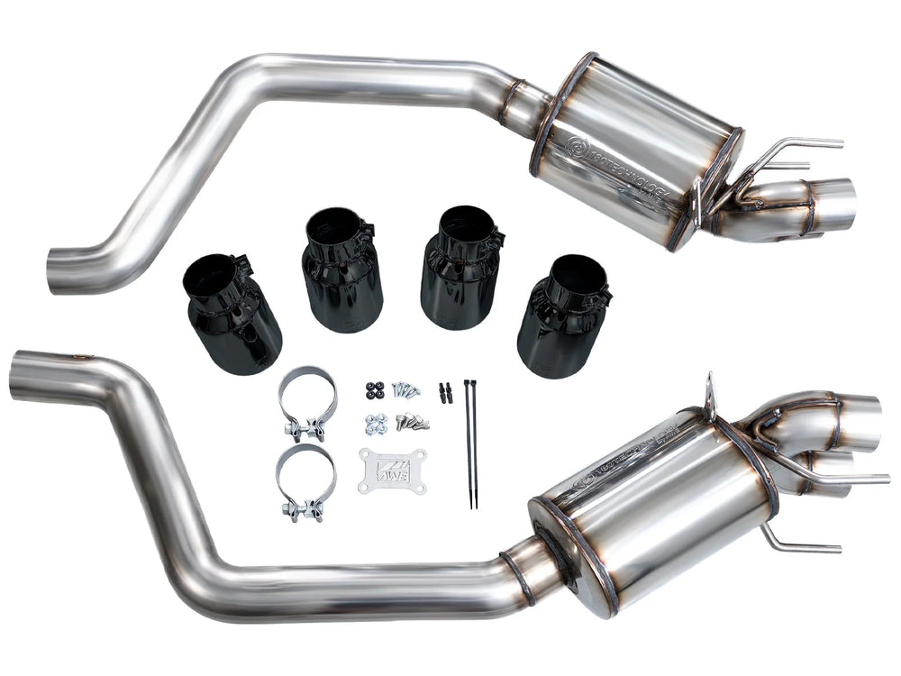 AWE 3015-43606 rear sections, four Diamond Black tips, clamps and installation hardware