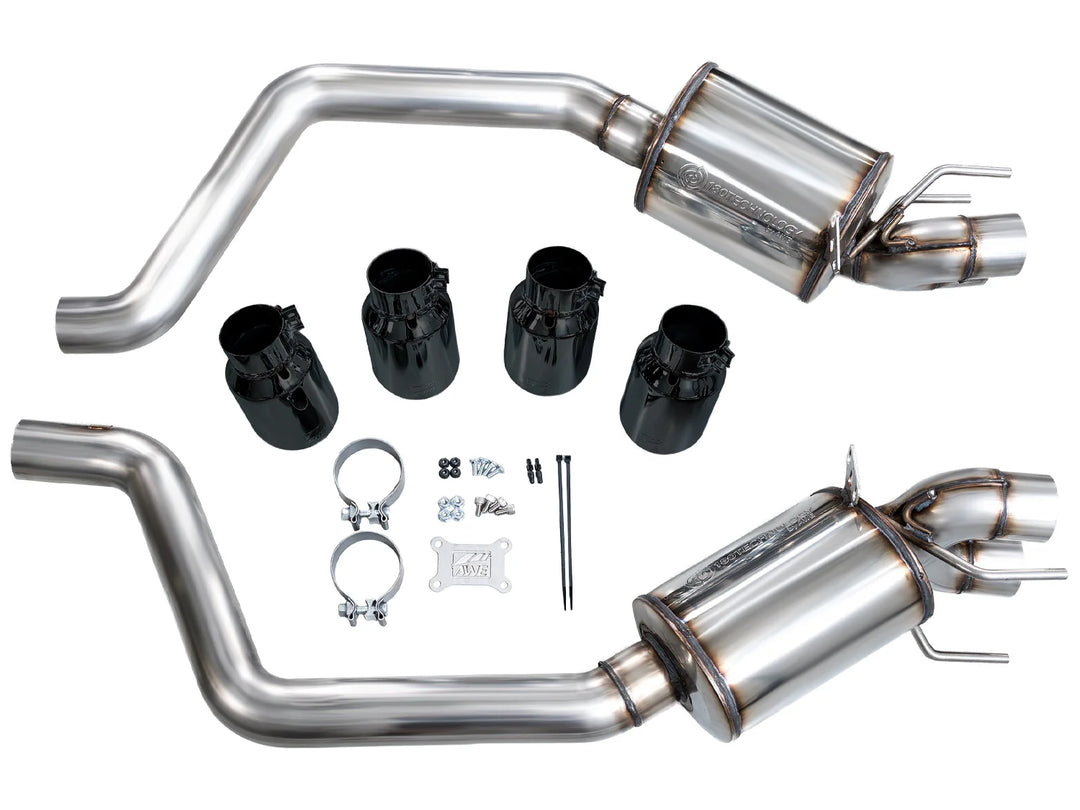 AWE 3015-43606 rear sections, four Diamond Black tips, clamps and installation hardware