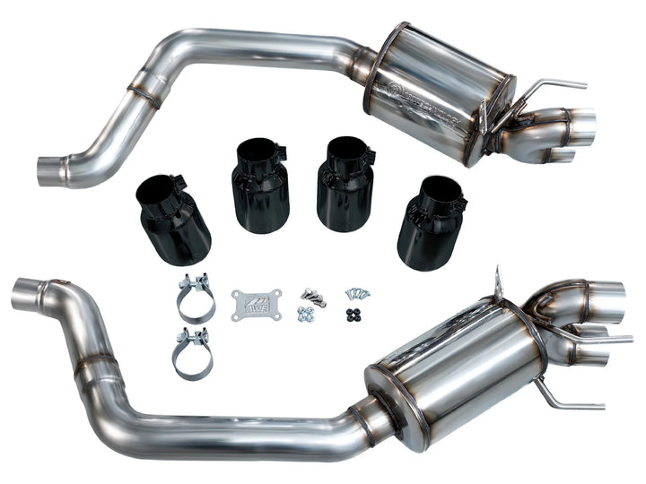 AWE 3015-43660 rear sections, four Diamond Black tips, clamps and installation hardware