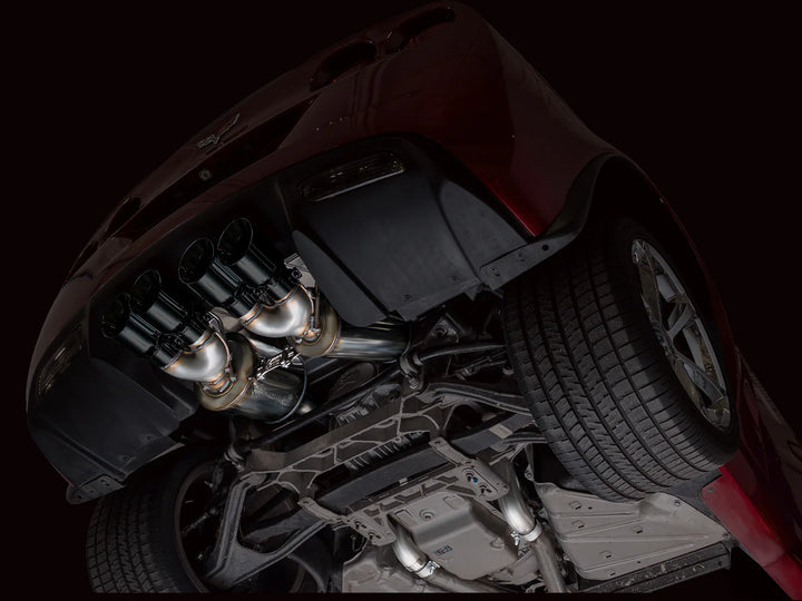 Underbody view of AWE Touring exhaust with Diamond Black tips on a C6 Corvette
