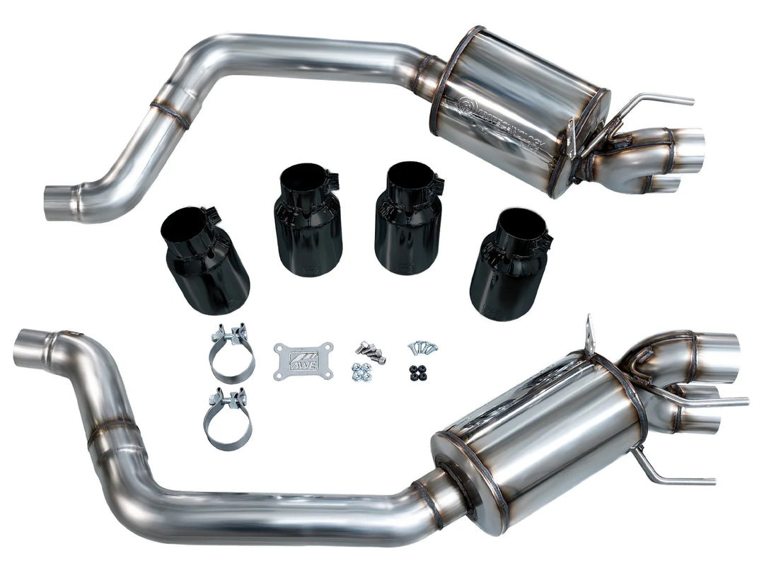 AWE 3015-43662 rear sections, four Diamond Black tips, clamps and installation hardware