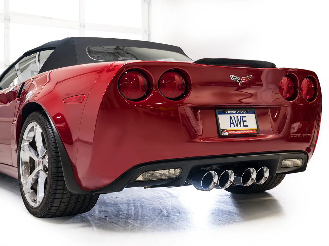 C6 Corvette Base/Grand Sport rear view with AWE Touring Edition chrome silver tips