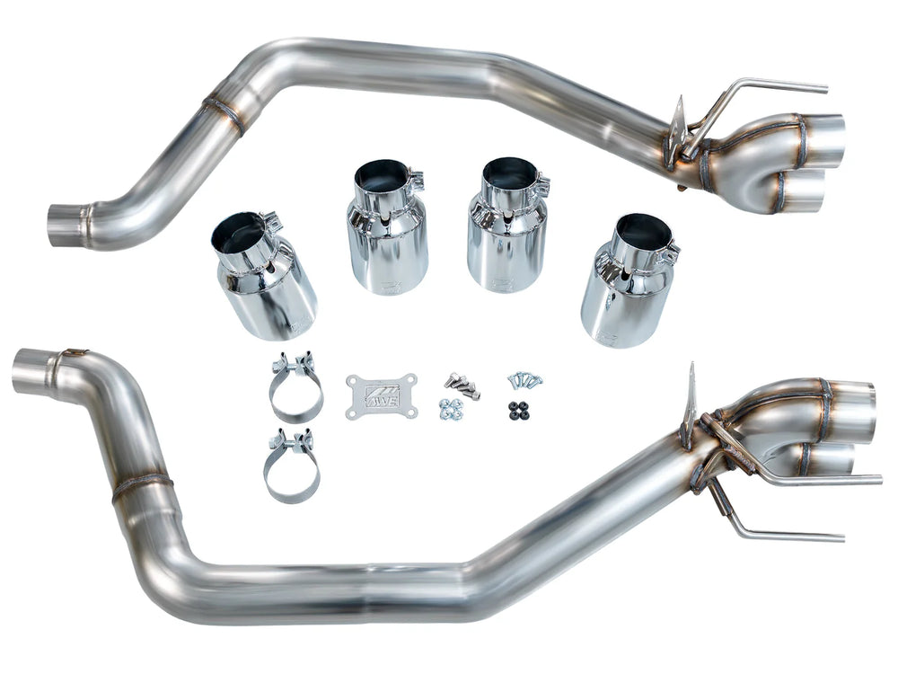 AWE 3020-42662 rear sections, four Chrome Silver tips, clamps and installation hardware