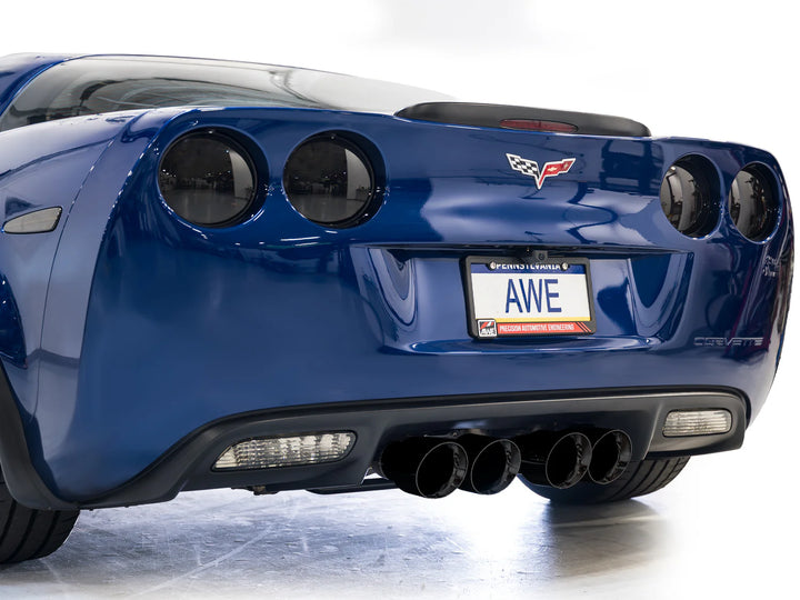 Rear view of AWE Track exhaust with Diamond Black tips on a C6 Corvette