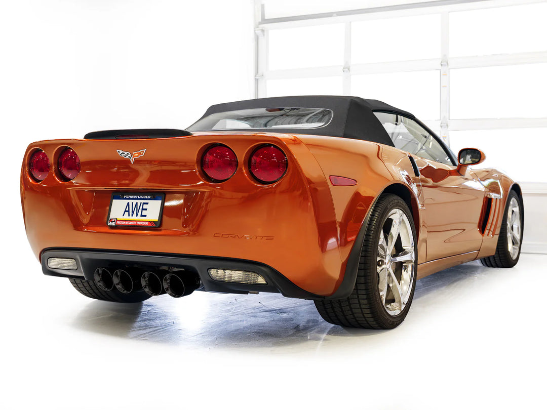 Rear view of AWE Track exhaust with Diamond Black tips on a C6 Corvette