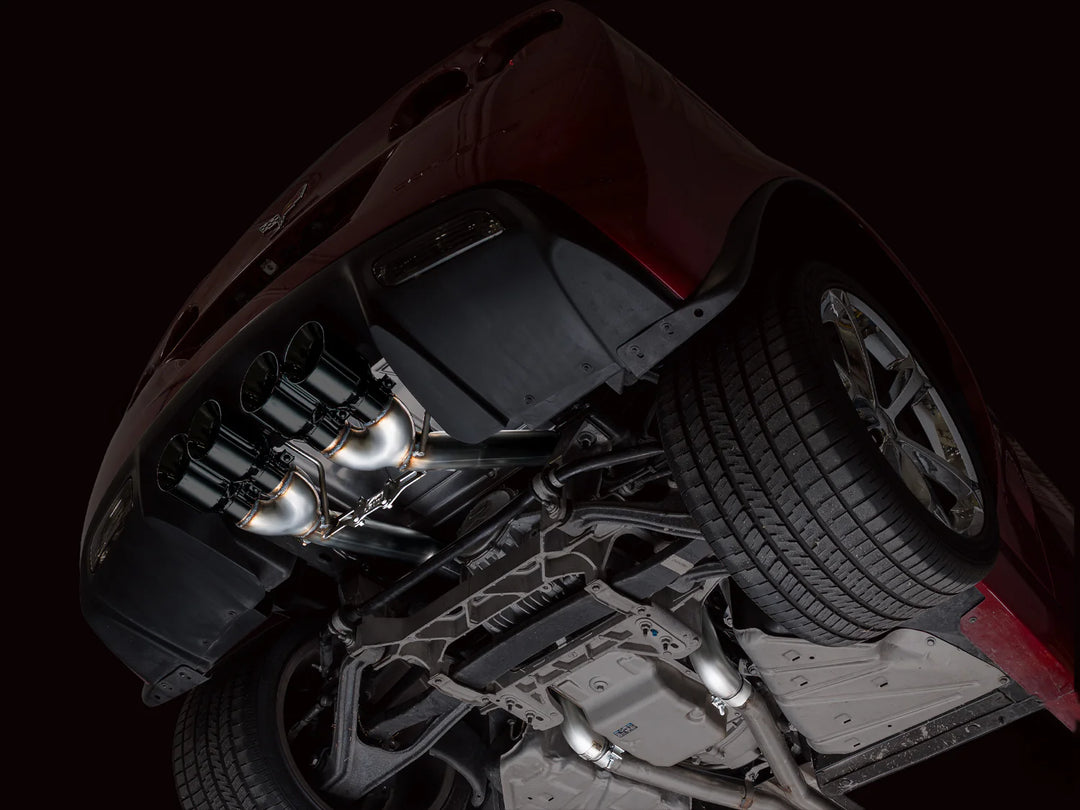 Underbody view of AWE Track exhaust with Diamond Black tips on a C6 Corvette