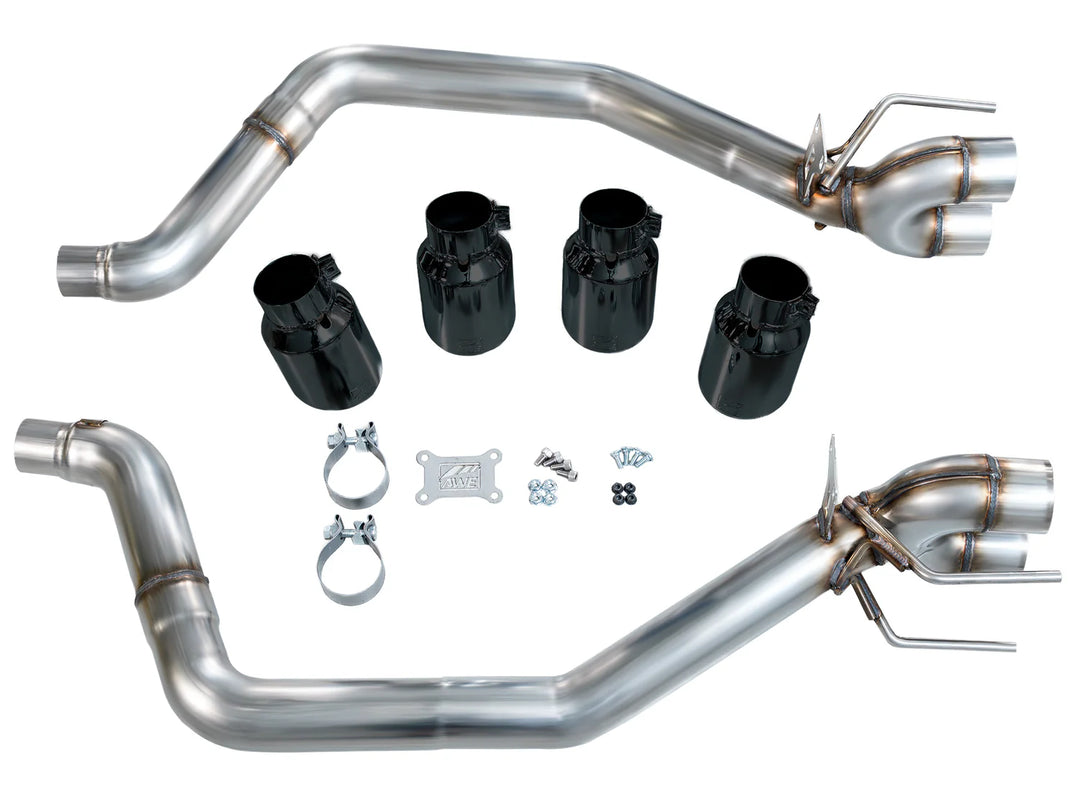 AWE 3020-43662 rear sections, four Diamond Black tips, clamps and installation hardware