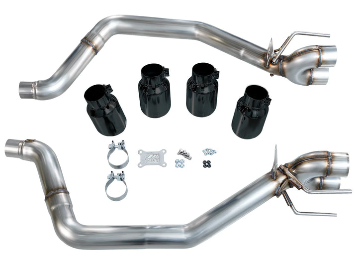 AWE 3020-43662 rear sections, four Diamond Black tips, clamps and installation hardware