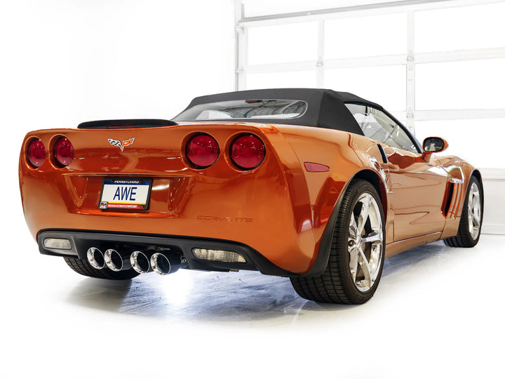 Rear view of AWE Track Edition axle-back with chrome tips on 2009–2013 Chevrolet Corvette C6 LS3