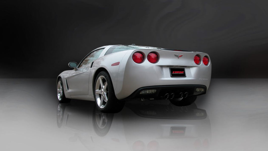 Rear view of CORSA 14470BLK axle-back installed on 2008–2013 C6 Corvette LS3.