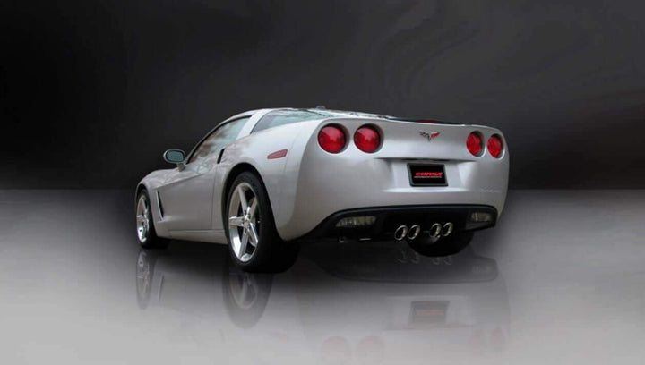 Rear view of CORSA 14470CB cat-back installed on 2008–2013 C6 Corvette LS3.