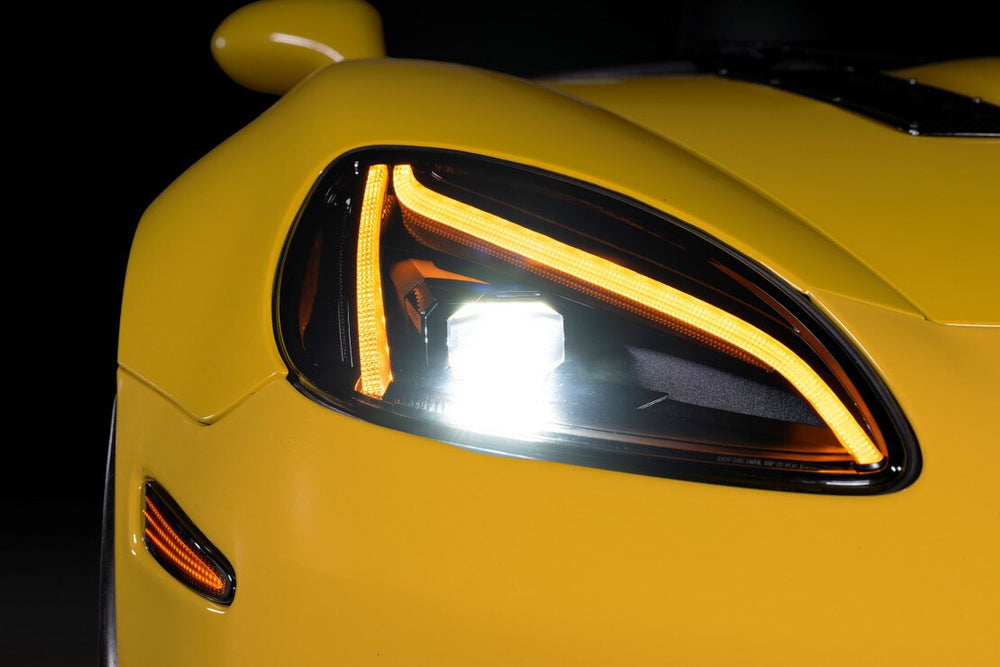 Morimoto LF2-778 XB Gen II LED headlights installed on a 2005-2013 C6 Corvette with amber daytime running lights