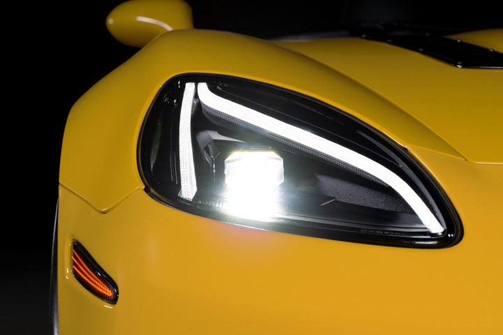 Morimoto LF2-778 XB Gen II LED headlights installed on a 2005-2013 C6 Corvette with white daytime running lights