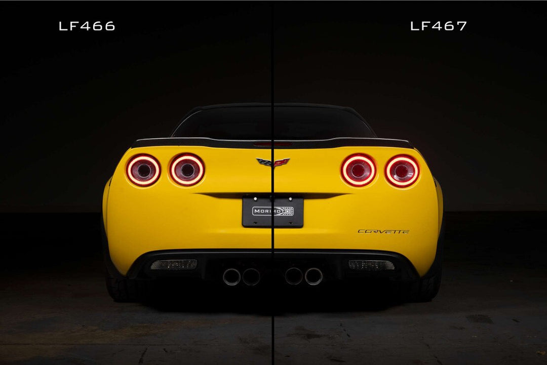Illuminated comparison of Morimoto red and smoked LED tail lights for the C6 Corvette