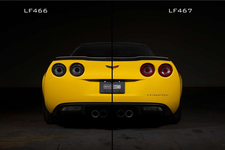 Rear view comparison of Morimoto red and smoked LED tail lights for the C6 Corvette